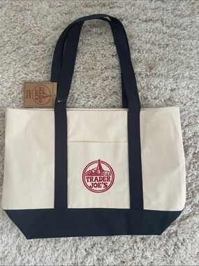 Trader Joe's Canvas Tote Bag in Cream and Blue handles 14 x 20
